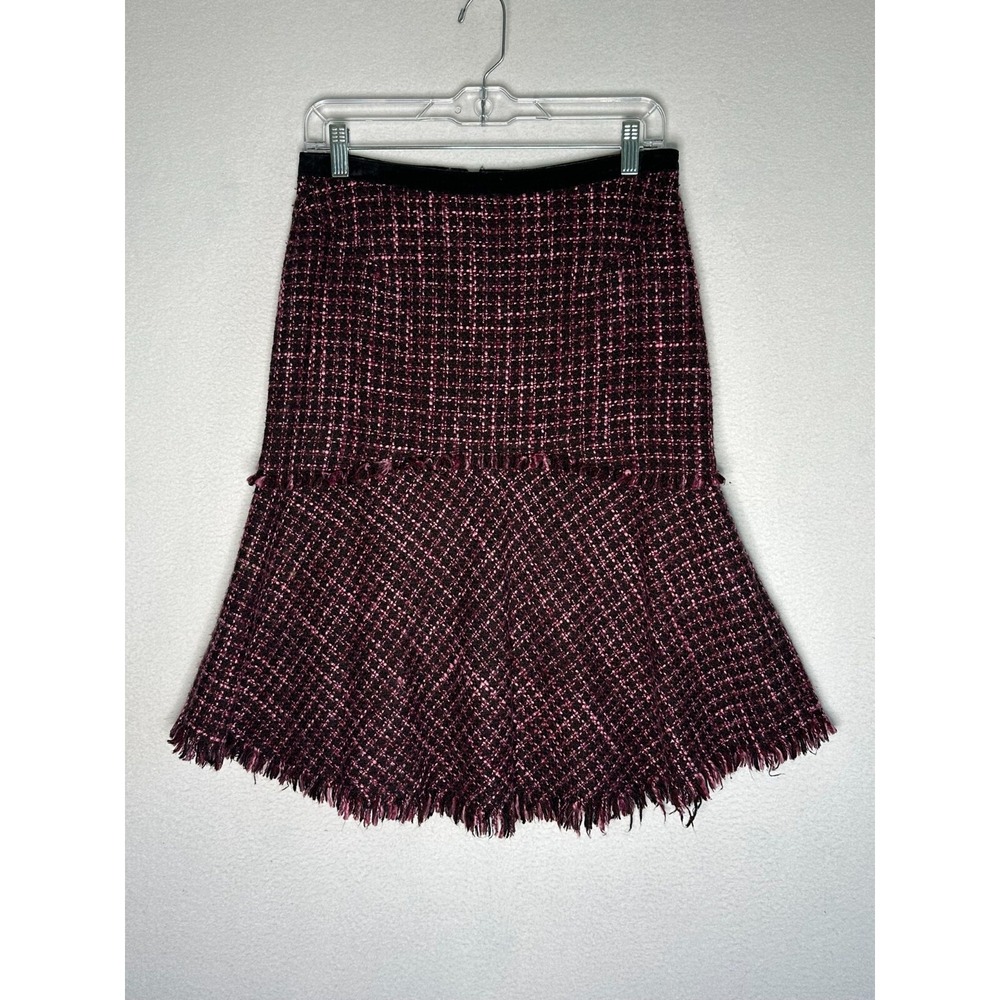 J Marco Pink Black Patterned Fit Flare Wool Blend Midi Skirt Frayed Trim Size 2